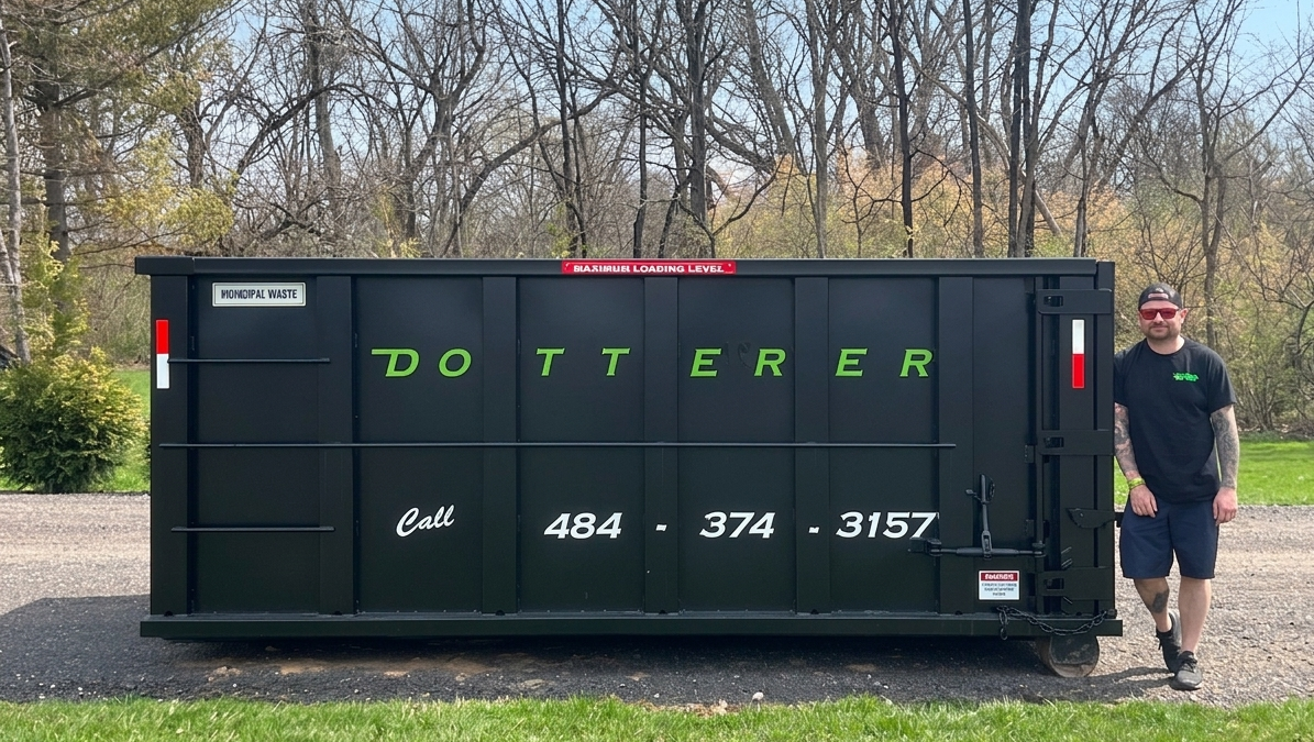 A man next to a Dotterer Disposal dumpster. The dumpster is a few inches taller than the man.