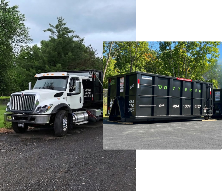 Two photos. A Dotterer Disposal dumpster truck. A Dotterer disposal dumpster.