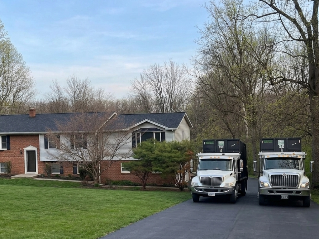 Two Dotterer Disposal dumpster trucks in a driveway by a house