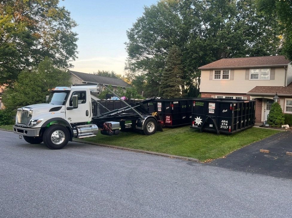Two Dotterer Disposal dumpsters and a Dotterer Disposal truck in front of a house