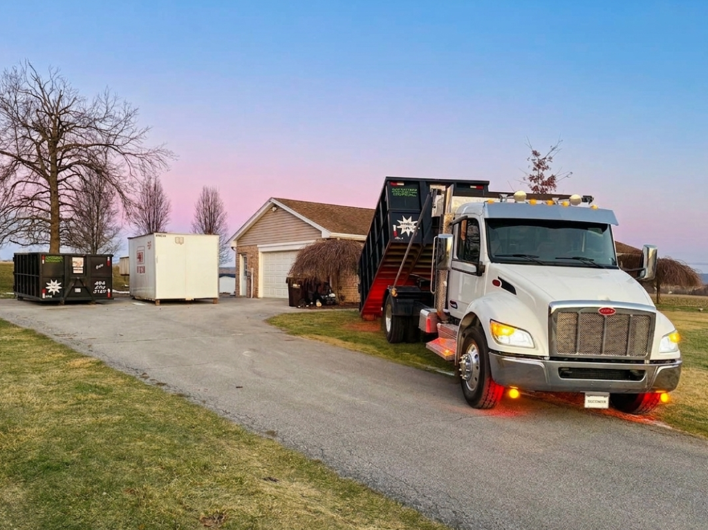 A Dotterer Disposal truck dropping off a dumpster at a house. There is another dumpster in the driveway and a moving container.