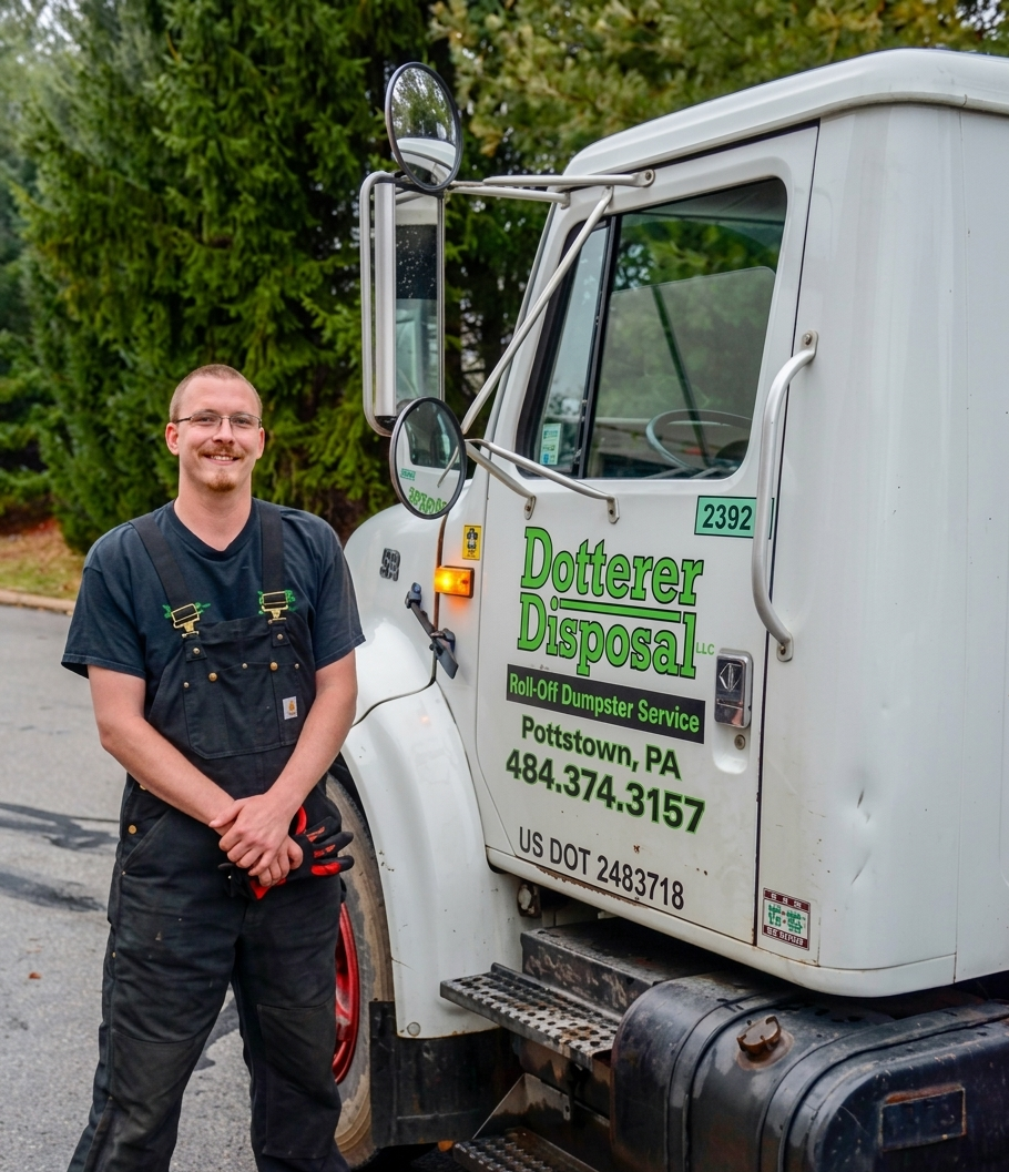 Photo of Isaac Dotterer, owner of Dotterer Disposal, standing next to the driver side door of a Dotterer Disposal truck.